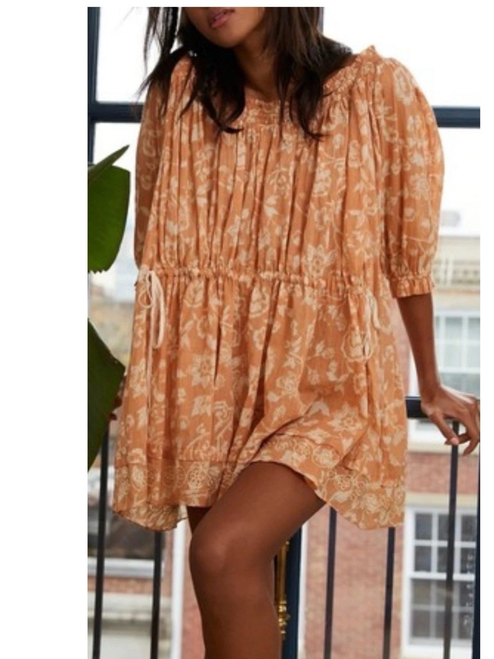 Free People Terracotta Floral Drawstring Mini Dress